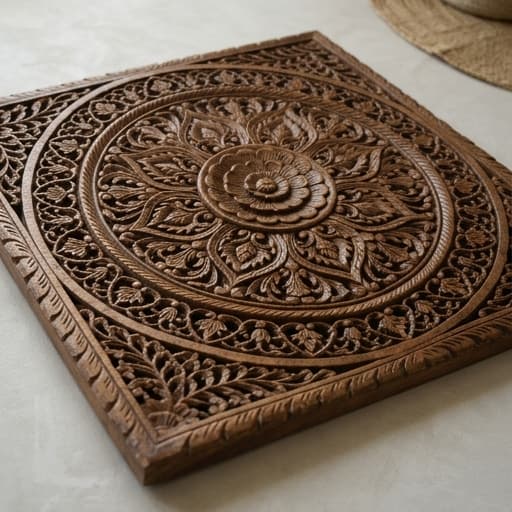 Intricate Floral Jali Teak Wall Panel angle 2